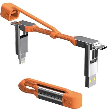 Rolling Square inCharge XS - 240W 4in1 Keyring Cable, Type C Charger Cable Fast Charging, Universal Lightning/USB Cable with Metal Housing for Data Transfer, N52 Magnets, Orange