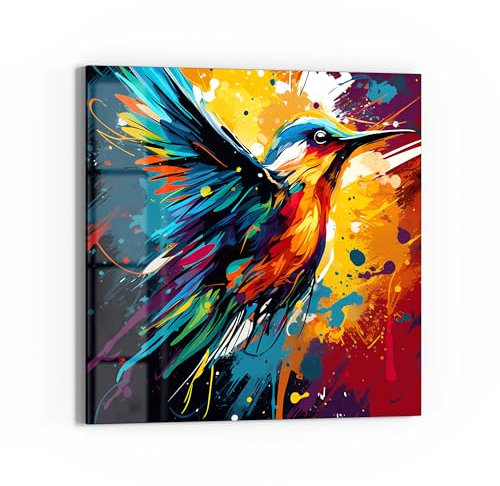 DEQOART Glasbild Echtglas | Motiv Farbenflug des Vogels | quadratisch einteilig 50x50 cm | schöne Dekoration | Wandbild für Wohnzimmer, Schlafzimmer, Flur & Küche | moderne Wanddeko
