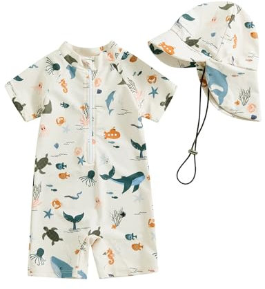 Maillot de Bain Bébé Garçon Combinaison Anti-UV à Manches Courtes Tenue de Natation Animal +Chapeau de Soleil (Beige Animal, 6-12 Months)