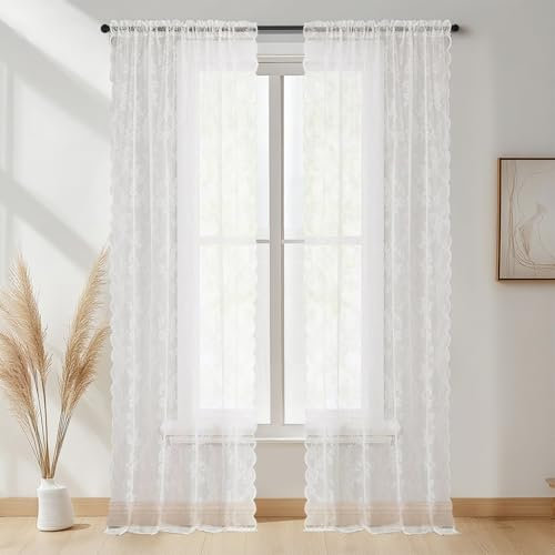 NAKIHOUSE Tenda in voile in pizzo, 2 pannelli per finestre da 160 cm, eleganti tende velate con fessure, filtranti la luce, per camera da letto e soggiorno, tende per finestre traspiranti e graziose