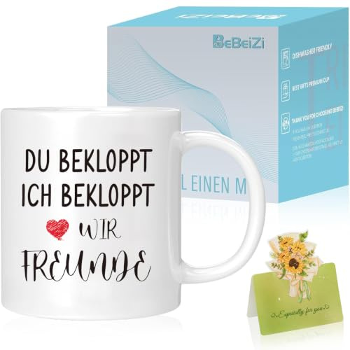 BeBeiZi Geschenk für Freund oder Freundin – Lustige Kaffeetasse mit Spruch „Du Ich Bekloppt Wir Freunde“ | Geschenkidee zum Geburtstag oder zu Weihnachten | 330 ml Weiß