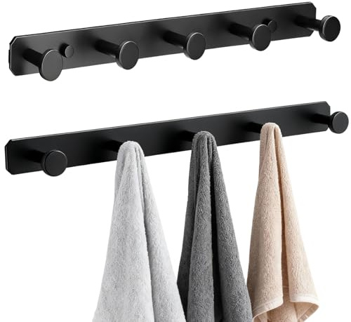 Dwitkul Lot de 2 Porte Manteau Mural Sans Percage, Patere Murale avec 5 crochets Noir - Robuste et Facile à Installer - Pour Manteaux, Chapeaux, Sacs - Idéal Entrée, Salle de Bain, Chambre, Cuisine