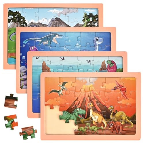 Wooderma Kinderpuzzle Dinosaurier, Dino Puzzle für Kinder ab 3 4 5 6 Jahre | Tier Holzpuzzle mit 4x24 Teilen, Montessori-Spielzeug, Lehrreiches Vorschulspielzeug, Geschenk für Jungen Mädchen.