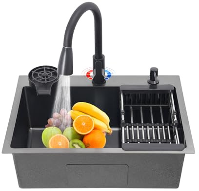Fregadero de cocina negro 60 x 45 cm, acero inoxidable, 1 lavabo, fregadero de cocina con grifo extraíble, dispensador de jabón y escurridor, desagüe en forma de V, tres tipos de montaje, para cocina