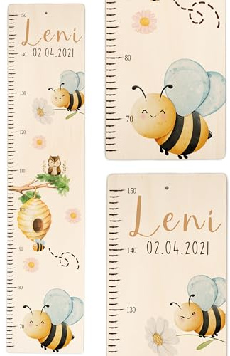 Messlatte Kinder Holz personalisiert mit Name, Skala 65-150 cm - Bienen | Messleiste als Wand-Deko für Baby- & Kinderzimmer , GREENGUARD Gold Tinten, Geschenk zur Geburt, Taufe und Weihnachten
