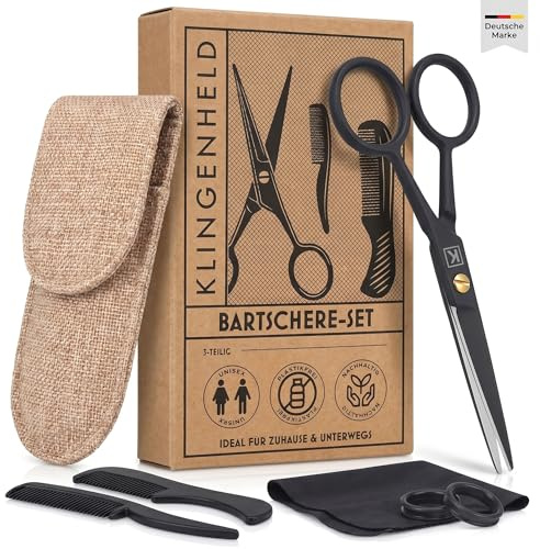 KLINGENHELD® Bartschere Männer - drei Scheren später endlich eine die nicht zwickt | vakuumgehärteter Chirurgenstahl, einseitig mikroverzahnt | 7-tlg. Geschenk-Set im Baumwoll-Etui