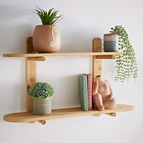 rightclick 2 Tier Bamboo Decorative Storage Wall Shelf, Wall Mounted Floating Display Shelves for Plants and Books, Wood Wall Shelf, Wooden Shelving Unit for Living Room, Bedroom, Bathroom, Kitchen.