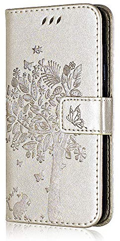 Conber Funda para iPhone SE/iPhone 5 / iPhone 5s, Funda de PU Cuero Cartera con Tapa, Serie Gato y Arbol Flip Cierre Protectora Carcasa Libro para iPhone SE/iPhone 5 / iPhone 5s - Dorado
