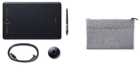 Wacom Intuos Pro Stifttablett Größe M, Grafiktablett inkl. Wacom Pro Pen 2 Eingabestift mit verschiedenen Spitzen, Kompatibel mit Windows und Apple plus Soft Schutzhülle Medium, grau