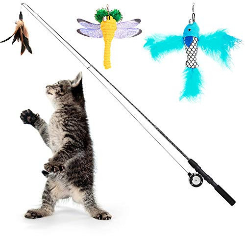 Pawaboo Cat Feather Toys - 4 Pack Interactive Cat Feather Teaser Wand Toys with Retractable Fishing Pole Wand Catcher Exerciser, Dragonfly Worm with Bells