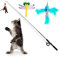 Pawaboo Interaktive Katzenspielzeug, Einziehbar Katzenangel mit 3 Ersatz Angelköder aus Federn und Glocken, Einstellbare Schnurlänge, Feder-Teaser für Katzen Kätzchen Spaß