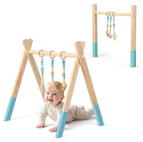 COSTWAY Palestrina per Bambini, con Giocattoli, Pieghevole (Verde) | Palestrina per Dentizione Sviluppo Cerebrale Stimolazione Sensoriale, in Legno, per Bambini 3+ Mesi