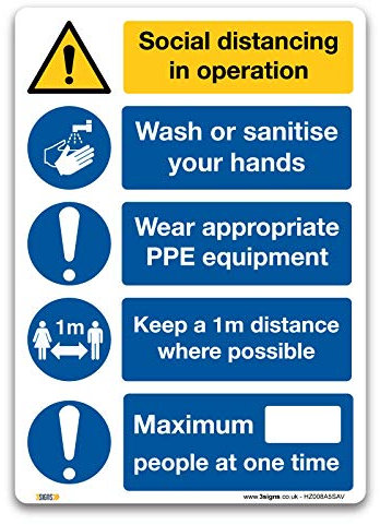 Paquete de 2 carteles de distancia social en operación, A5 autoadhesivo de vinilo, protección contra virus obligatoria, señales esenciales de oficina