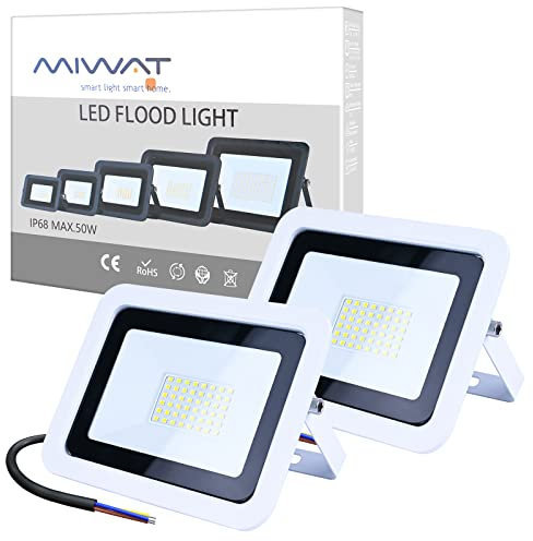 MIWATT LED Strahler Außen 2 Stücke, 50W LED Fluter, Superhell 4000LM Außenstrahler 6000K Kaltweiß IP68 Wasserfest Aussenstrahler, Aussenlampe für Hinterhof, Auffahrt, Türen, Garage, Flur, Garten