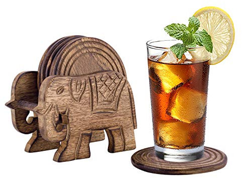 6er -Set handgefertigter Getränke-Untersetzer aus Holz: umweltfreundlich, saugfähig, mit antiker Optik. (Elephant)