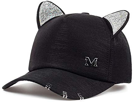 NIUASH Cappellini da Baseball Cappello Donna Estate Autunno Nero Bianco Rosa Orecchie di Gatto Gatto Berretto da Baseball con Anelli e Pizzo Ragazza Carina Cappello-A