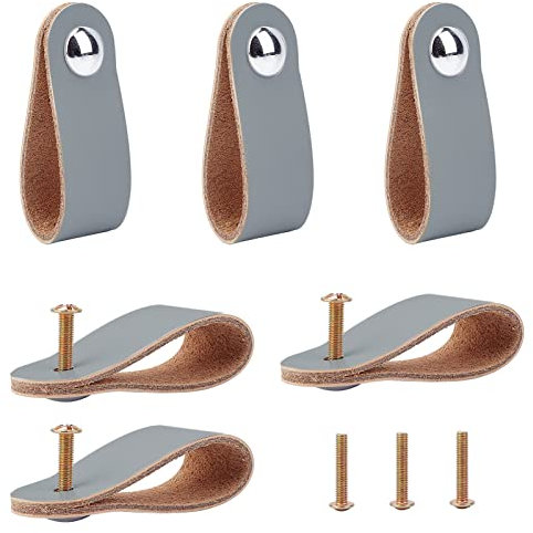 GORGECRAFT 6Pcs Leather Drawer Pull, Nordic Wardrobe Cabinet Door Handle, Single Hole Furniture Hardware Pulls for Cupboard Drawer- 141x24.5mm, Grey