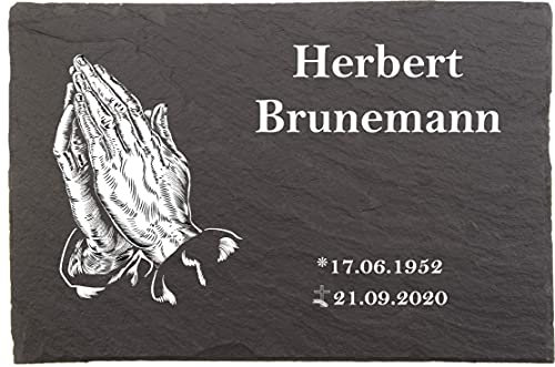Urnengrabstein Betende Hände, Grabsteine, Grabplatten mit personalisierter Lasergravur, 30cm x 20cm 100% witterungsbeständig, Naturschieferstein