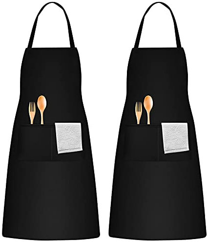 2 Stück Schürze Schwarz, Schürze Unisex, Schürze mit 2 Taschen, Schürze Verstellbar, Baumwoll Polyester Schürze für Küche Grill Restaurant Kaffee Köche Gartenarbeit