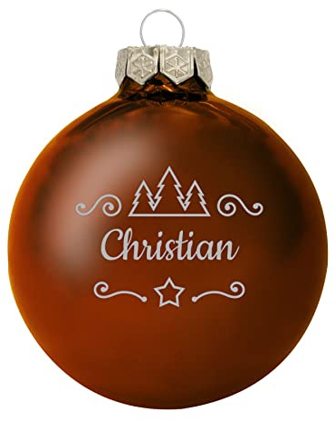 Deitert Weihnachtskugel mit Namen oder Wunschtext graviert, Ø 8cm, personalisierte Christbaumkugel aus Glas (glänzend), individueller Weihnachtsbaumschmuck mit Gravur, Tannen-Motiv, Kupfer