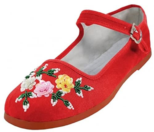 Shoes 18 Womens Cotton China Doll Mary Jane Shoes Ballerina Ballet Flats Shoes, 114 Red Emb, 4 UK