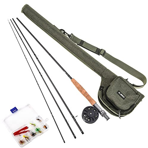 QIONGHA 9' Fly Fishing Rod and Reel Combo with Carry Bag 10 Flies Complete Starter Package Fly Fishing Kit, Green, 28010-TA5