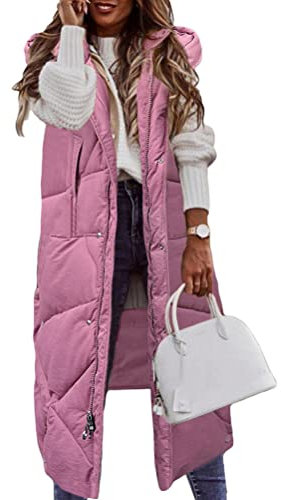 ORANDESIGNE Gilet Femme Chaud Doudoune sans Manche Veste Longue Hiver Manteau Capuche Zippé Parka Blouson avec Poches B Rose M