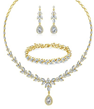Zolkamery Bridal Jewellery Sets for Women, Bracelet Necklace and Earring Sets with Cubic Zirconia, Gold Plated Sparkle Briolette Jewellery Set, Wedding Set Jewellery for Bride