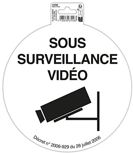 Exacompta - Réf. 67048E - 1 pictogramme rond Sous surveillance vidéo - En vinyle PVC traité anti-dérapant et résistant aux UV - Dimensions : 20 x 20 cm - noir sur fond blanc