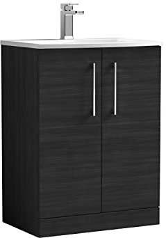 nuie ARN603G Arno Modern Bathroom Floor Standing 2 Door Vanity Unit with Curved Ceramic Basin, 600mm, Woodgrain Charcoal Black