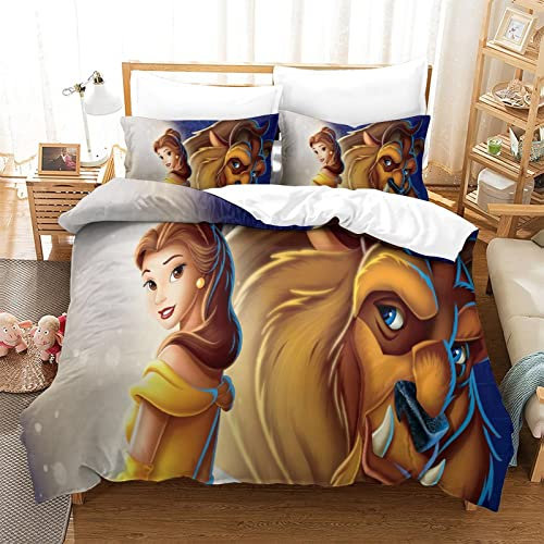 Die Schöne und das Biest Bettwäsche Set 3D Bettbezug 135x200 cm Weiche Bequem Hypoallergenic Mikrofaser Bettbezüge mit Kissenbezug und Reißverschluss für Jugendliche Erwachsene Kinder