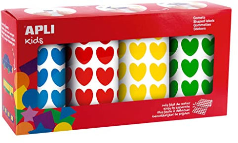APLI Kids 19502 - Pack de 4 rouleaux de gommettes en forme de cœur - Couleurs: bleu, vert, jaune, rouge - Adhésif permanent - Format idéal pour les activités manuelles en groupe.