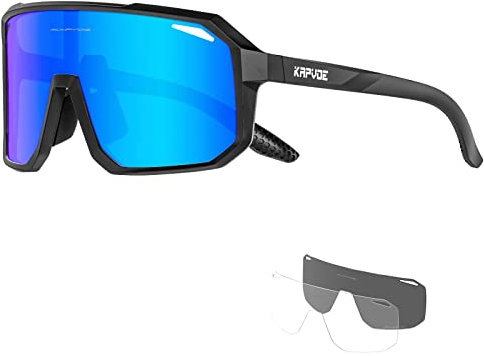 KAPVOE Polarisiert Fahrradbrille Herren Damen Sonnenbrille 3 Wechselgläsern TR90 Sportbrille Radfahren MTB Radbrille Laufen Wandern Golf Baseball Volleyball Tennis Angeln Softball Bergsteigen Blau