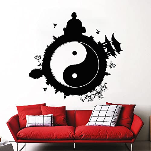 Wand Aufkleber Vinyl Aufkleber Taoismus Meditieren Poster Dekoration Floral Ying Yang Daoismus Wandbilder Für Yoga-Studio D 80x84CM