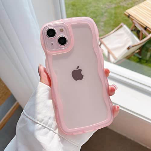 EYZUTAK Case for iPhone 13 6.1 inch, Curly Waves Frame Shape Clear Phone Cover Soft Flexible Shockproof Crystal Non-Yellowing TPU Scratch-Resistant Phone Case Transparent Bumper Cover - Pink