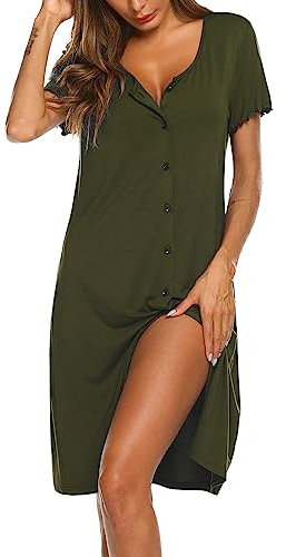 Ekouaer Chemises de Nuit Femme Manche Courte Vêtements de Nuit Bouton Robe de Nuit Pyjama Casual, Armée Verte, M