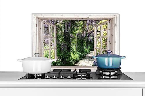 KitchenYeah© Spritzschutz Küchenrückwand Platte Küche Deko Aluminium Platte Spritzschutz Küchenwand WandverkleidungGlyzinie - Blumen - Durchsichtige - Baum - Frühling - 60x40 cm