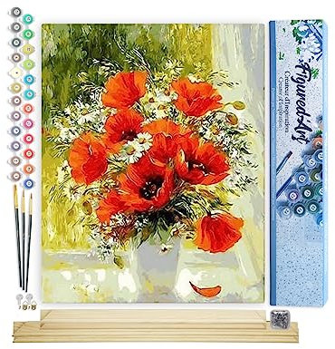 Figured'Art Peinture par Numéro Adulte Fleurs Rouges et Marguerites - Activité Manuelle Kit de Loisir Créatif DIY Numéro d'Art Complet - 40x50cm avec châssis en bois à monter
