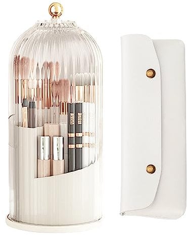 Longzhuo 360 Rotating Makeup Brush Holder Organiser with Dustproof Clear Lid, Acrylic Cosmetic Storage for Vanity Table - Brush, Lipstick, Eyeliner Organizer, Bathroom & Bedroom Desktop (White)