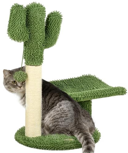 PawHut Albero per Gatti a forma di Cactus con Tiragraffi, Pallina da Gioco e Piattaforma, Torre per Gatti in Truciolato e Ciniglia, 35x31x55.5 cm, Verde e Bianco