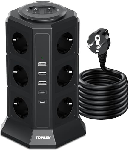 TOPREK Regletas Enchufes Vertical con 2 Interruptor, 12 Schuko, 2 USB C y 3 USB A, 4000W/16A, Regleta Torre Enchufe con Cable 2M, Regleta Enchufes Proteccion Sobretension, Negro