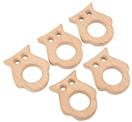 5er-Pack Baby-Beißring aus Buche, Sicher, Ungiftig, Robust, Niedliche Eule, DIY-Schmuckzubehör, Holz-Beißring, Baby-Beißring, Kauspielzeug, Geeignet für Baby-Zahnkekse, Tiere