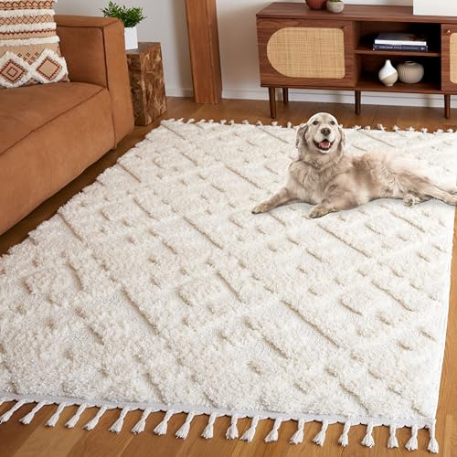 SAFAVIEH Area Rug 3x5 - Moroccan Tassel Shag Collection - Ivory, Non-Shedding & Easy to Clean, Plush High-Low Texture, Ideal for Living Room, Bedroom, Dining Space (MTS688C)