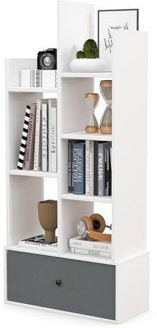 HOMASIS Bibliothèque à 12 étages et 2 tiroirs extensibles - Étagère de bureau en bois avec protection anti-basculement - Étagère de rangement pour salon, bureau, blanc - 53 x 24 x 118 cm
