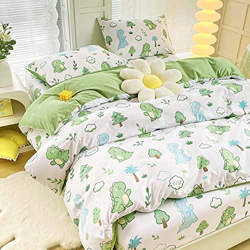Boqingzhu Bettwäsche 135x200cm Dinosaurier Grün Weiß Kinder Kinderbettwäsche Set Bettbezug Dino 135 x 200 cm und Kissenbezug 80 x 80 cm mit Reißverschluss