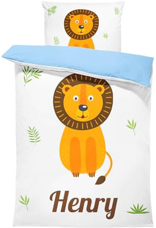 Pictogogo Personalisierte Baby Bettwäsche mit süßem Löwen, Wählbare Unterfarbe aus Baumwolle, Kinderbettwäsche Mit Namen, Babybett Komplett Set Mit Reißverschluss (Löwe 2, 135 x 200 cm)