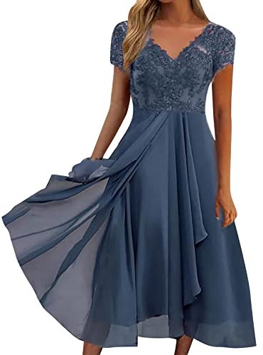 Sommerkleid Damen V-Ausschnitt Abendkleid Lang Kleid Elegant Chiffon Spitze Swing Cocktailkleid Lässig Festliche Kleider für Frauen Hochzeitsgast Abendkleider Brautjungfernkleider Partykleid