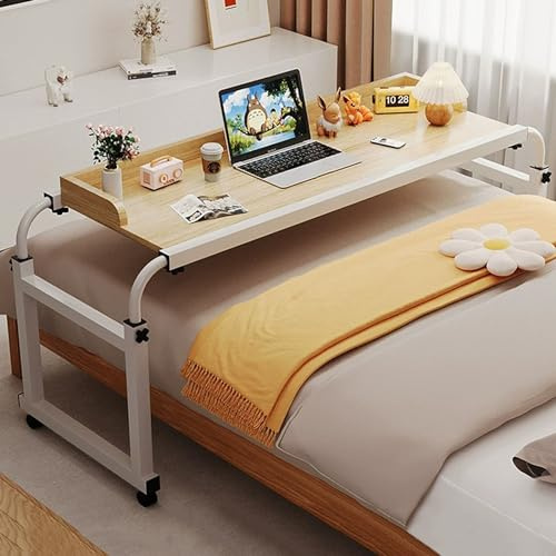 Table de Lit Croisée avec Roulettes, Table de Chevet Roulante Table Médicale Paresseuse Réglable en Hauteur 65-95CM Table de Lecture Mobile multifonctionnelle pour Ordinateur Portable(Color:Bois)