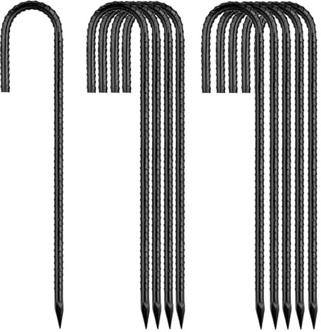 Lot de 10 piquets d'ancrage au sol noirs de 30 cm de long - Crochets en J - En métal solide - Anti-rouille - Pour trampoline, tente, jardin, camping, plein air - Conduites d'eau solides