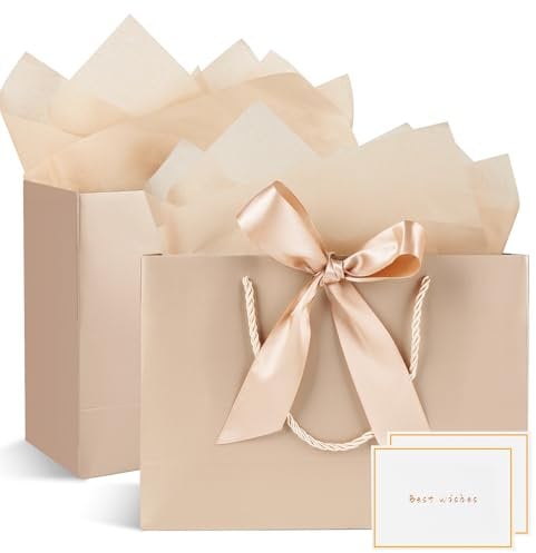 Geschenktüten, 2 Stück Papier Geschenktüten mit 2 Taschentuch und 2 Karten, Geschenktüten mit Griffen für Frauen, Mädchen, Brautjungfern, Geburtstage, Valentinstag und Hochzeitsfeiern